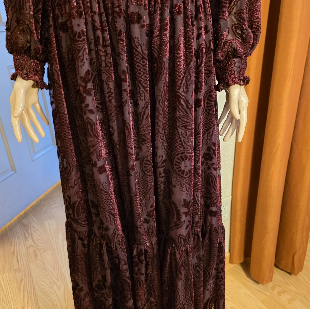 MOTF FLORAL FLOCKING Velvet Long Sleeve Dress in Deep Burgundy  M - Picture 8 of 16
